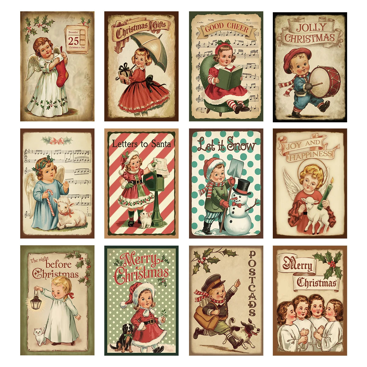 12pcs Vintage Christmas Cards with Santa and Kid,Victorian Christmas Postcard Set,Mini Poster,Christmas Greeting Card for Friend