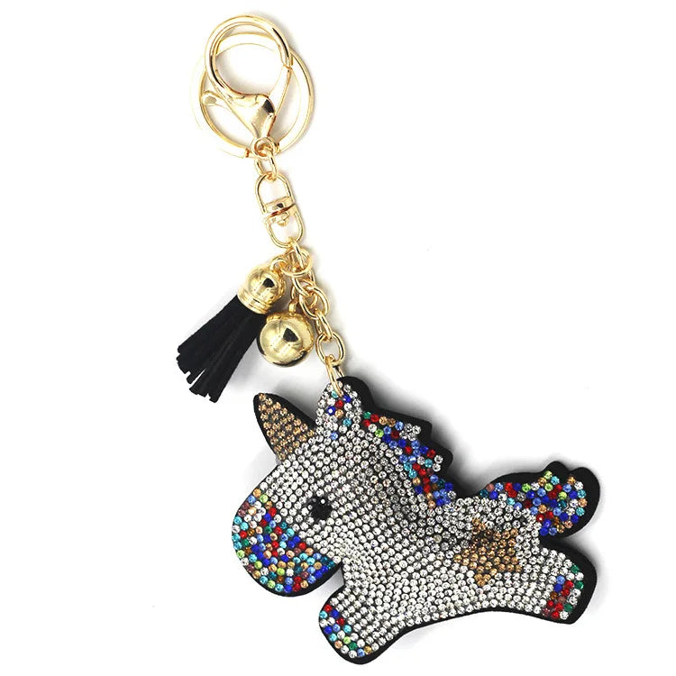 Cartoon Pink Unicorn Crystal Keychain Pendant With Metal Keyring  for Women's Bags and Car Key Accessories