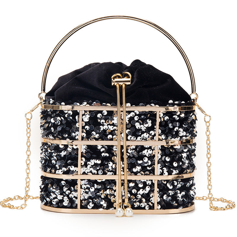 New Net Celebrity Portable Dinner Bag Fashion Metal Hollow Sequined Bucket Bag