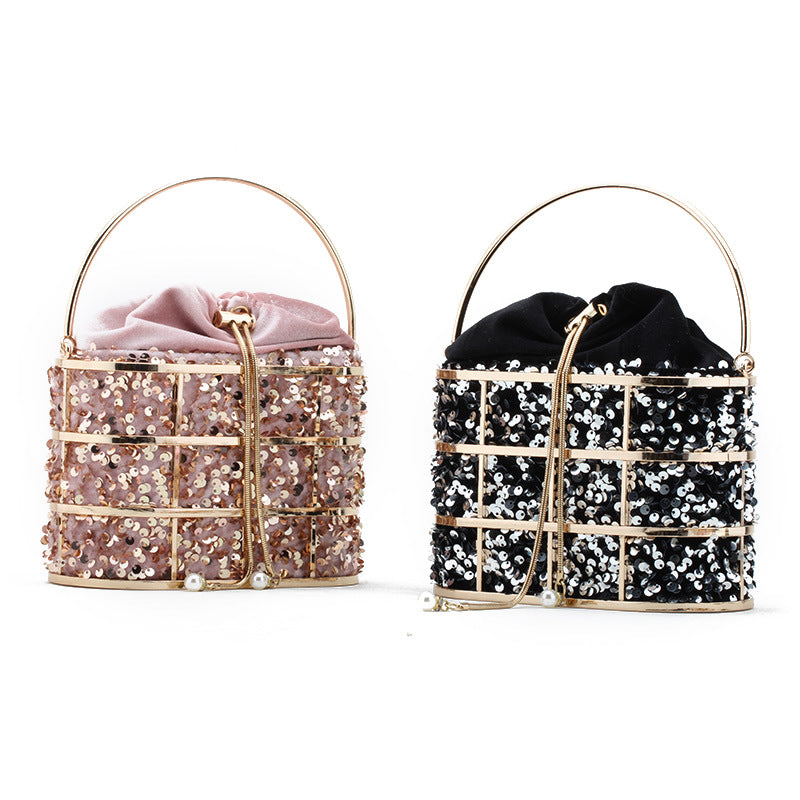 New Net Celebrity Portable Dinner Bag Fashion Metal Hollow Sequined Bucket Bag