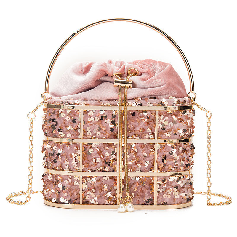 New Net Celebrity Portable Dinner Bag Fashion Metal Hollow Sequined Bucket Bag