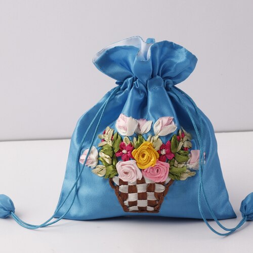 14x17cm Silk Gift Bag Embroidery Jewelry Drawstring Pouch Printing Flower Gift Pouch Wedding Chocolate Wrappling Reusable Sachet