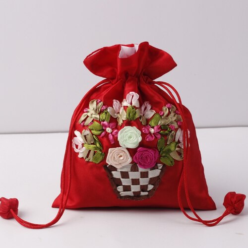 14x17cm Silk Gift Bag Embroidery Jewelry Drawstring Pouch Printing Flower Gift Pouch Wedding Chocolate Wrappling Reusable Sachet