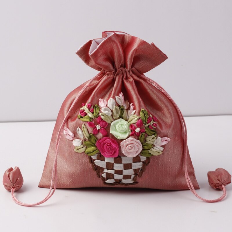 14x17cm Silk Gift Bag Embroidery Jewelry Drawstring Pouch Printing Flower Gift Pouch Wedding Chocolate Wrappling Reusable Sachet