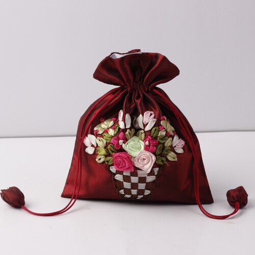 14x17cm Silk Gift Bag Embroidery Jewelry Drawstring Pouch Printing Flower Gift Pouch Wedding Chocolate Wrappling Reusable Sachet