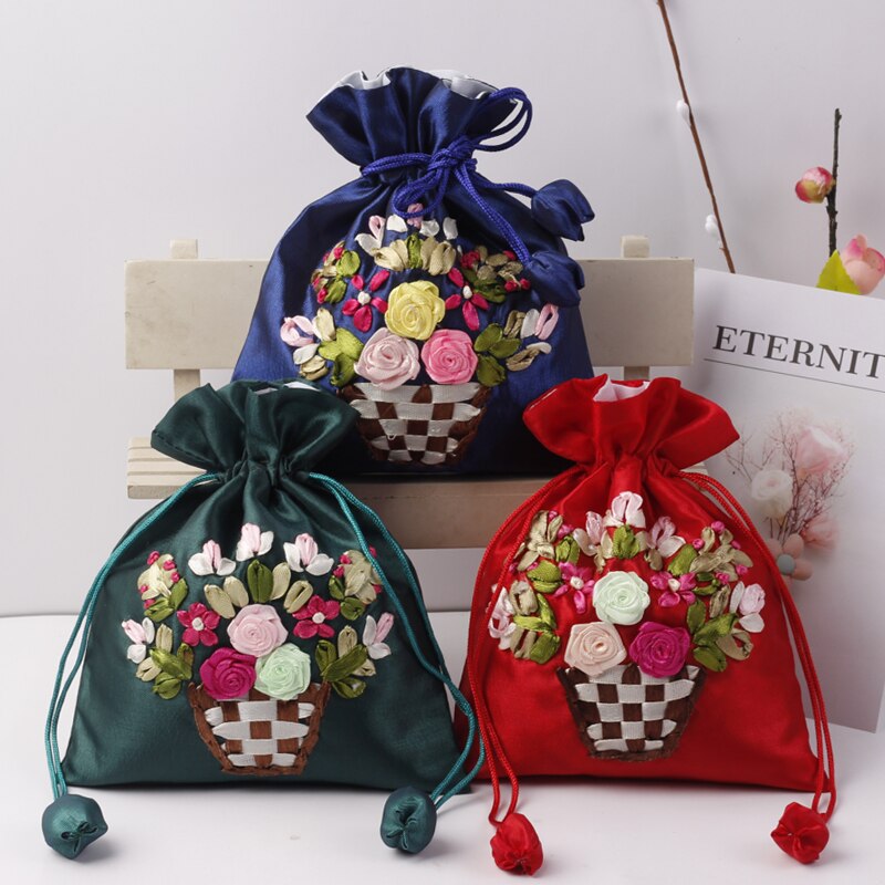 14x17cm Silk Gift Bag Embroidery Jewelry Drawstring Pouch Printing Flower Gift Pouch Wedding Chocolate Wrappling Reusable Sachet