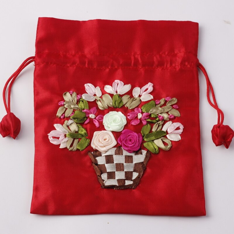 14x17cm Silk Gift Bag Embroidery Jewelry Drawstring Pouch Printing Flower Gift Pouch Wedding Chocolate Wrappling Reusable Sachet