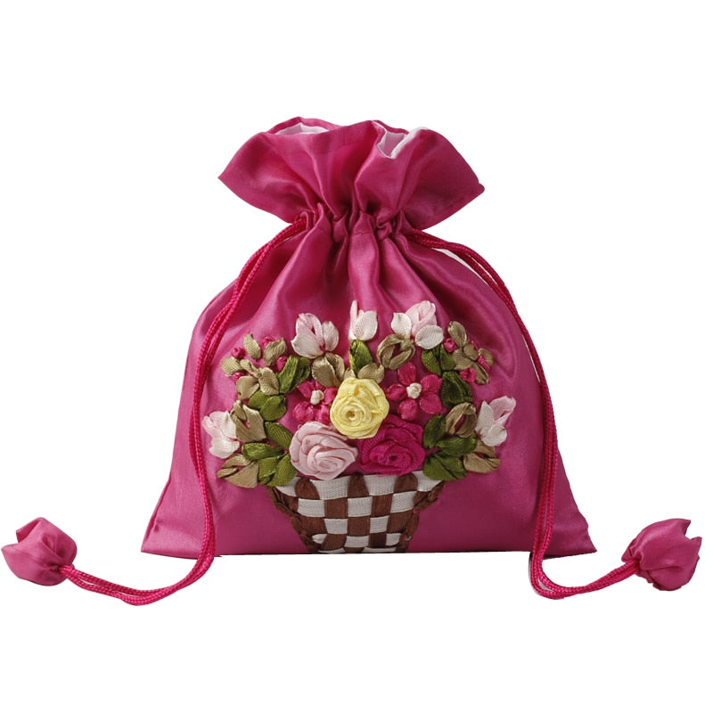 14x17cm Silk Gift Bag Embroidery Jewelry Drawstring Pouch Printing Flower Gift Pouch Wedding Chocolate Wrappling Reusable Sachet