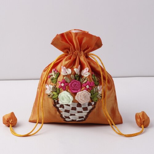 14x17cm Silk Gift Bag Embroidery Jewelry Drawstring Pouch Printing Flower Gift Pouch Wedding Chocolate Wrappling Reusable Sachet