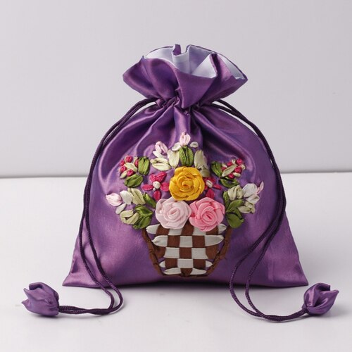 14x17cm Silk Gift Bag Embroidery Jewelry Drawstring Pouch Printing Flower Gift Pouch Wedding Chocolate Wrappling Reusable Sachet