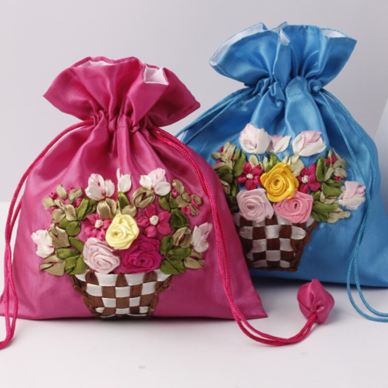 14x17cm Silk Gift Bag Embroidery Jewelry Drawstring Pouch Printing Flower Gift Pouch Wedding Chocolate Wrappling Reusable Sachet