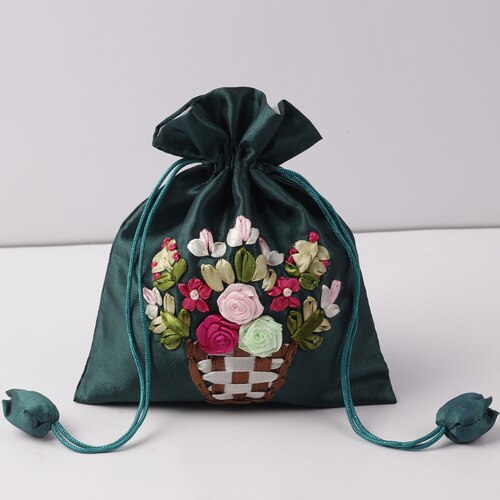 14x17cm Silk Gift Bag Embroidery Jewelry Drawstring Pouch Printing Flower Gift Pouch Wedding Chocolate Wrappling Reusable Sachet