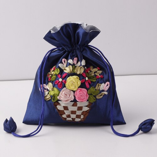 14x17cm Silk Gift Bag Embroidery Jewelry Drawstring Pouch Printing Flower Gift Pouch Wedding Chocolate Wrappling Reusable Sachet